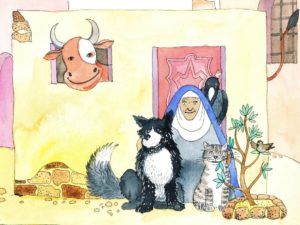 En person sitter ved siden av en katt og en hund.