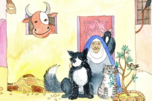 En person sitter ved siden av en katt og en hund.