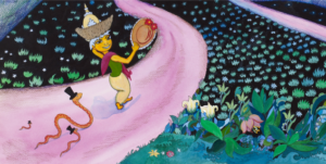 En person går på en vei og bærer hatter med hodet og hendene sine.