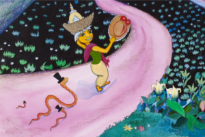 En person går på en vei og bærer hatter med hodet og hendene sine.