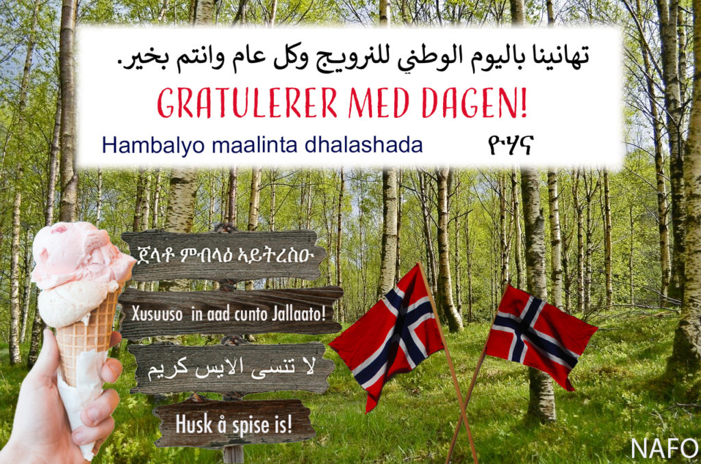 17.mai-bilde med iskrem, flagg og bjerketrær. På et skilt står det: Husk å spise is!