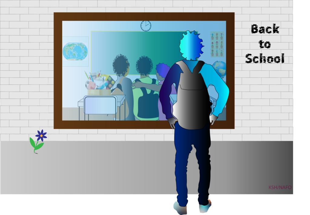Illustrasjon av en gutt som står utenfor et klasserom og kikker inn på tre elever.