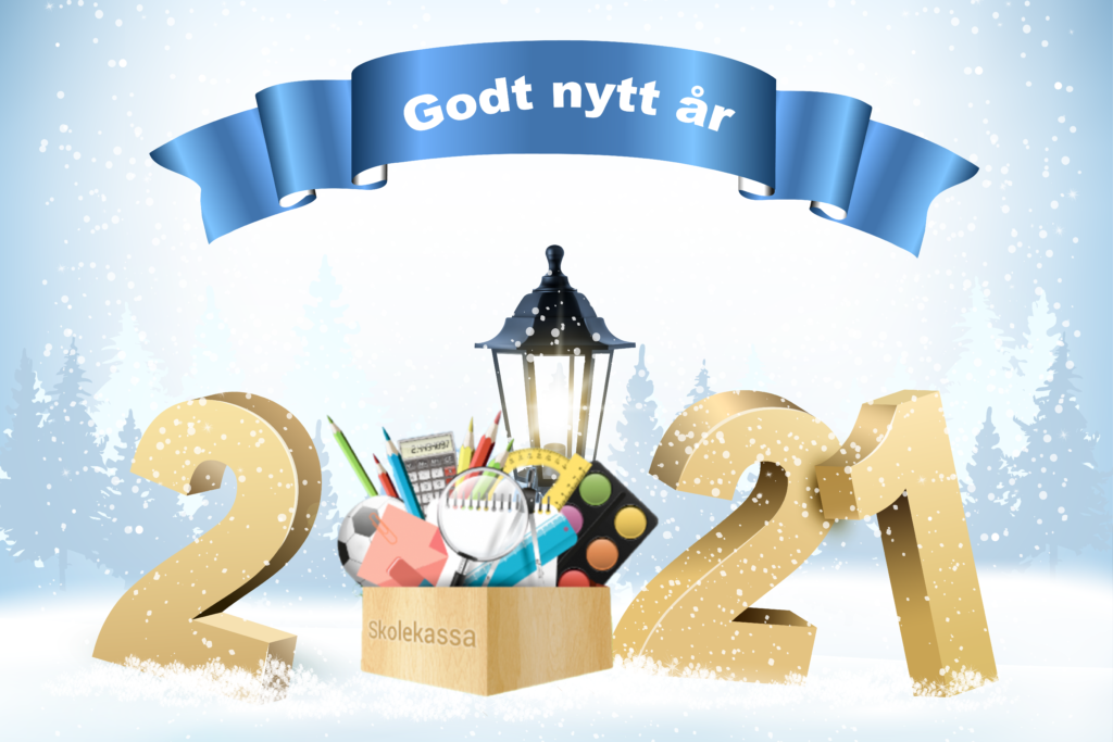 Et kort med teksten godt nytt år og bilde av tallene 2021 og Skolekassa i snøvær.