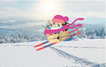 Skolekassa på ski i vinterlandskap.