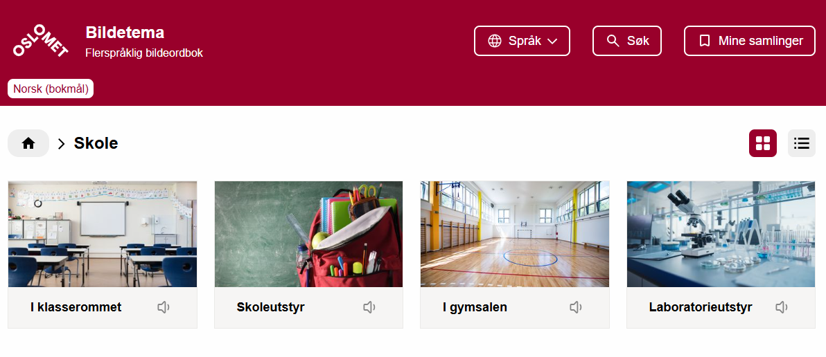 skjermdump av bildetema - om skole - med fire bilder om klasserommet, skoleutstyr, gymsalen og laboratorieutsyr