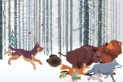Illustrasjon av dyr som løper i en skog.