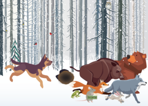 Illustrasjon av dyr som løper i en skog.